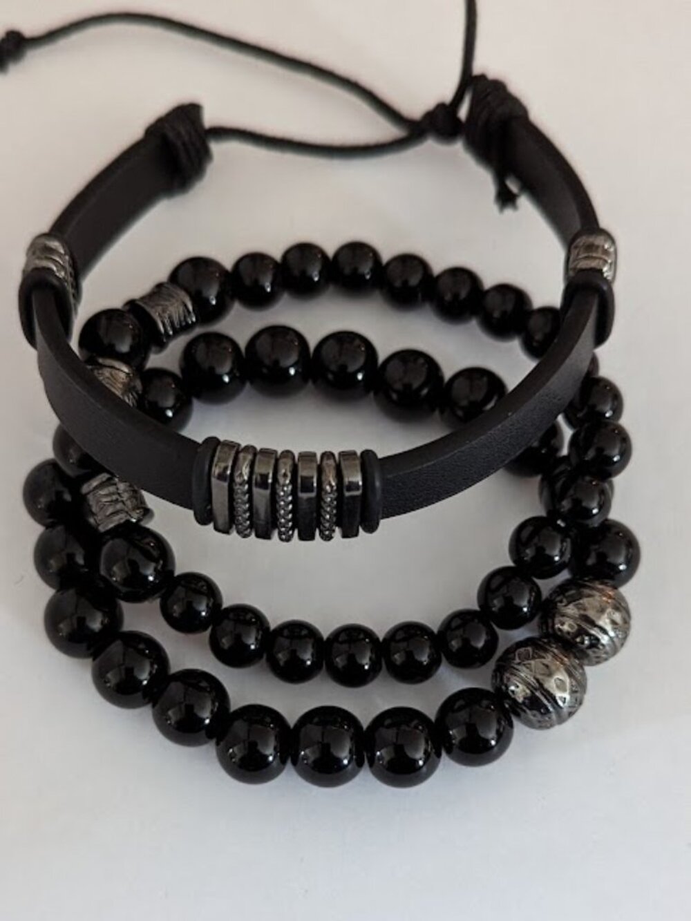 Black Leather Men Women Beaded Cuff Wristband Bracelet 3pcs Set